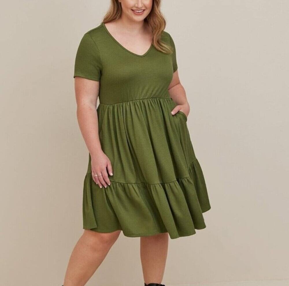Torrid Mini Rib Knit Babydoll Skater Dress Olive Green Pockets Size 3 22/24